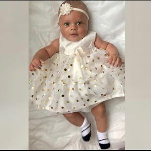 White and gold Carters polka dot formal dress
